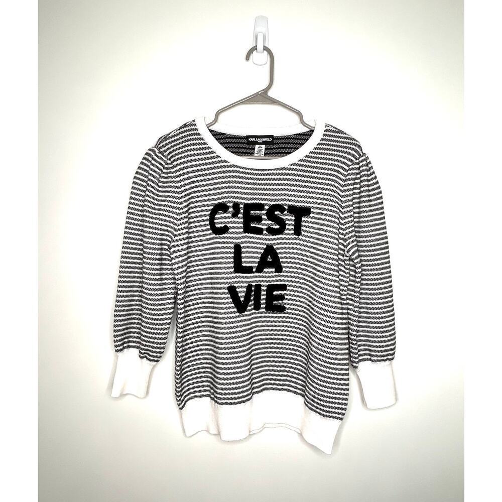 KARL LAGERFELD PARIS Women's C'est La Vie Striped Sweater M Chic Preppy Designer